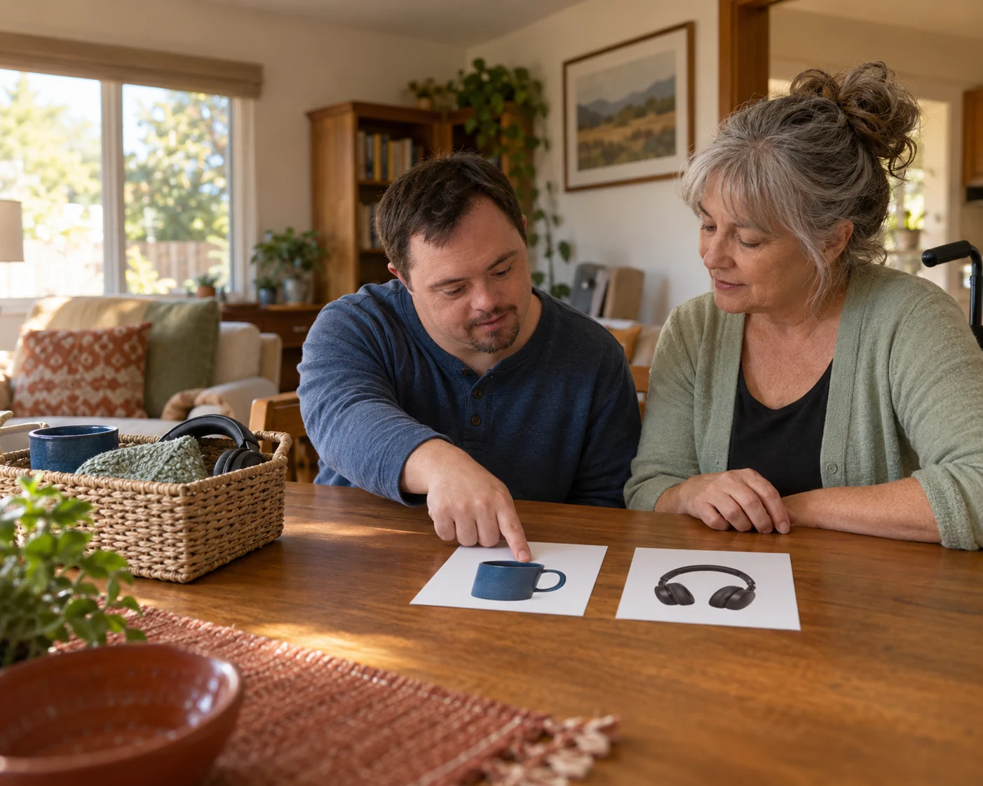 A resident and caregiver choosing a daily activity together
