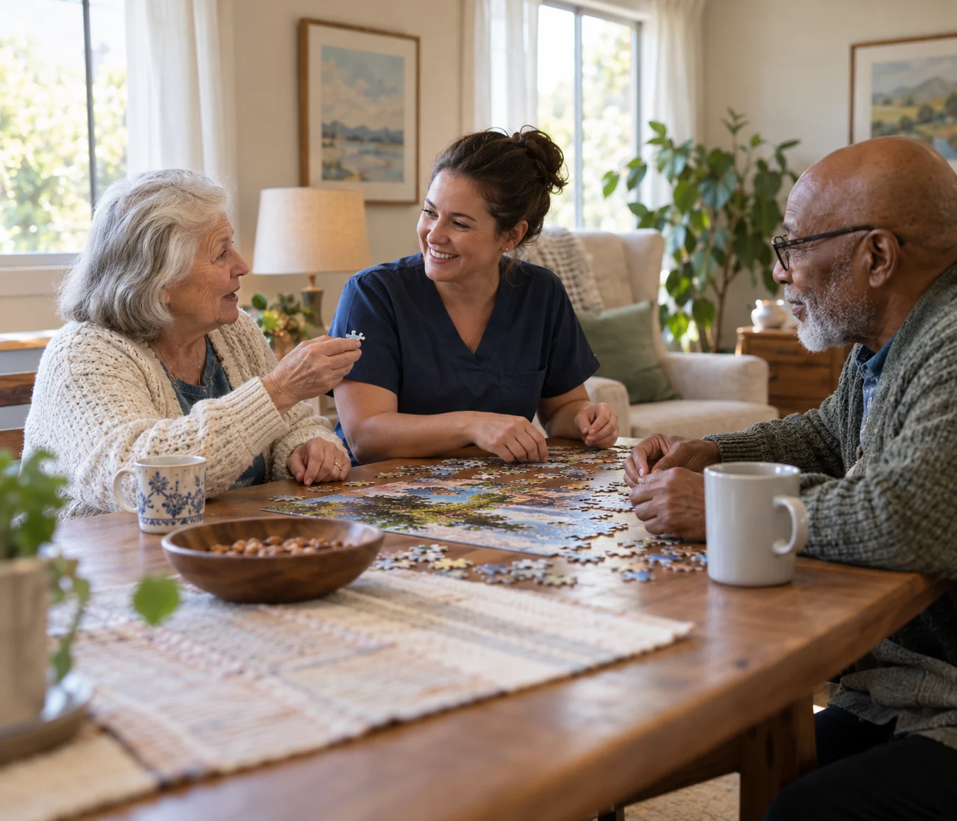 Residents and a caregiver spending time together around a table