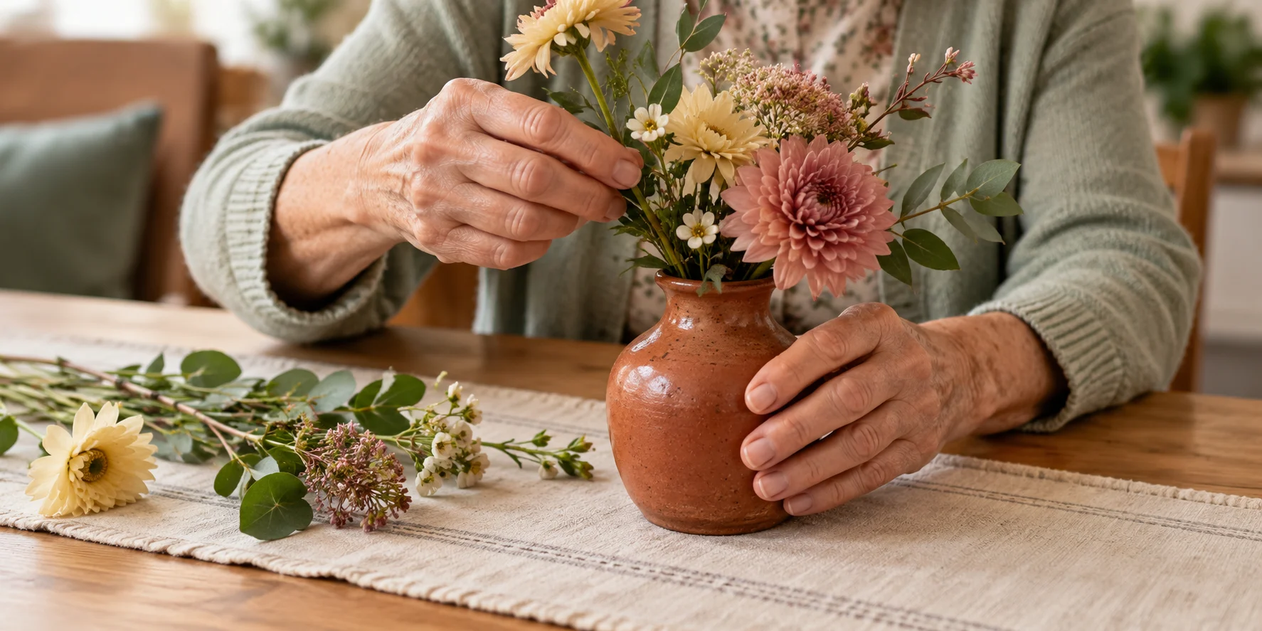 Hands arranging flowers in a terracotta vase