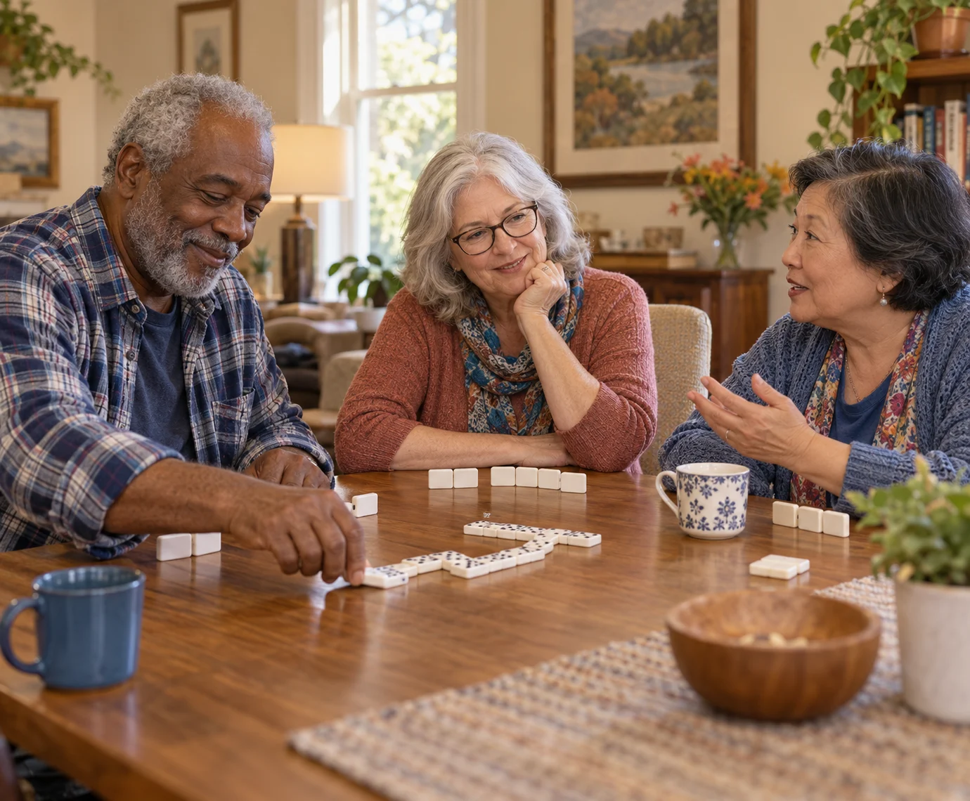 Adults sharing a game of dominoes in a common room