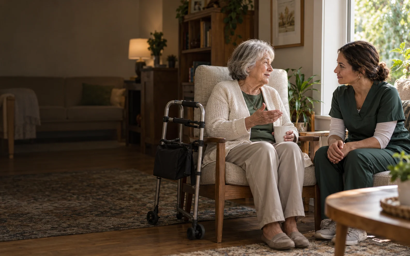A caregiver listening to an adult resident in a comfortable living room