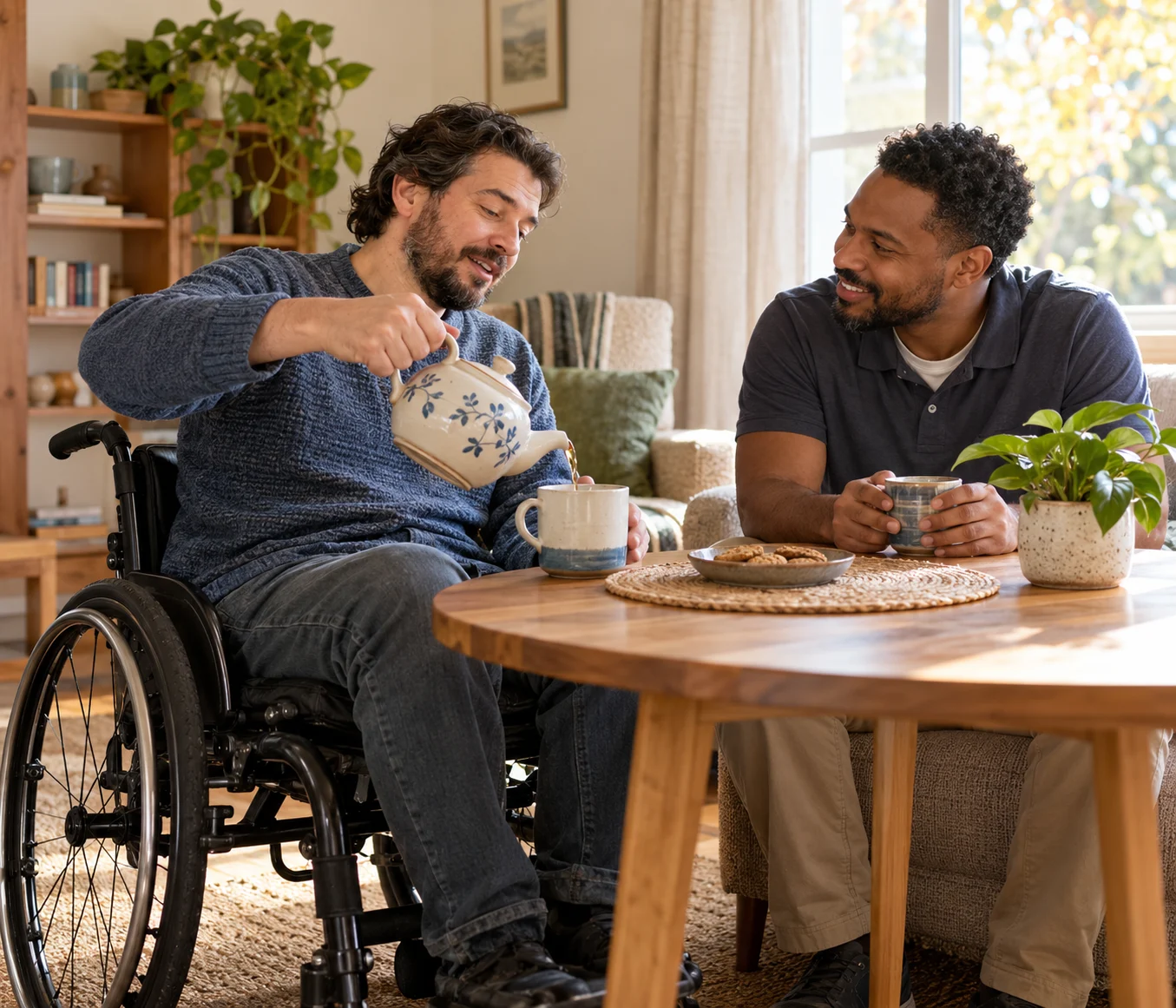 A resident and caregiver sharing tea in a sunny home setting