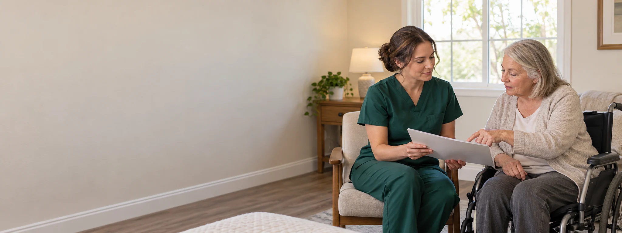 A nurse speaking with an adult resident in a residential care room